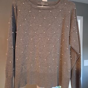 White House Black Market Gray Sweater with Pearl Details